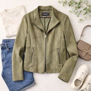 Marc New York Andrew Marc Moto Jacket Olive Faux Suede Minimalist Chic L A40